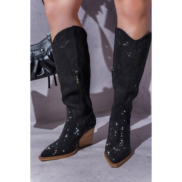 Anniston Black Rhinestone Glamour Country Western Cowgirl Knee Boots - Picture 4 of 12